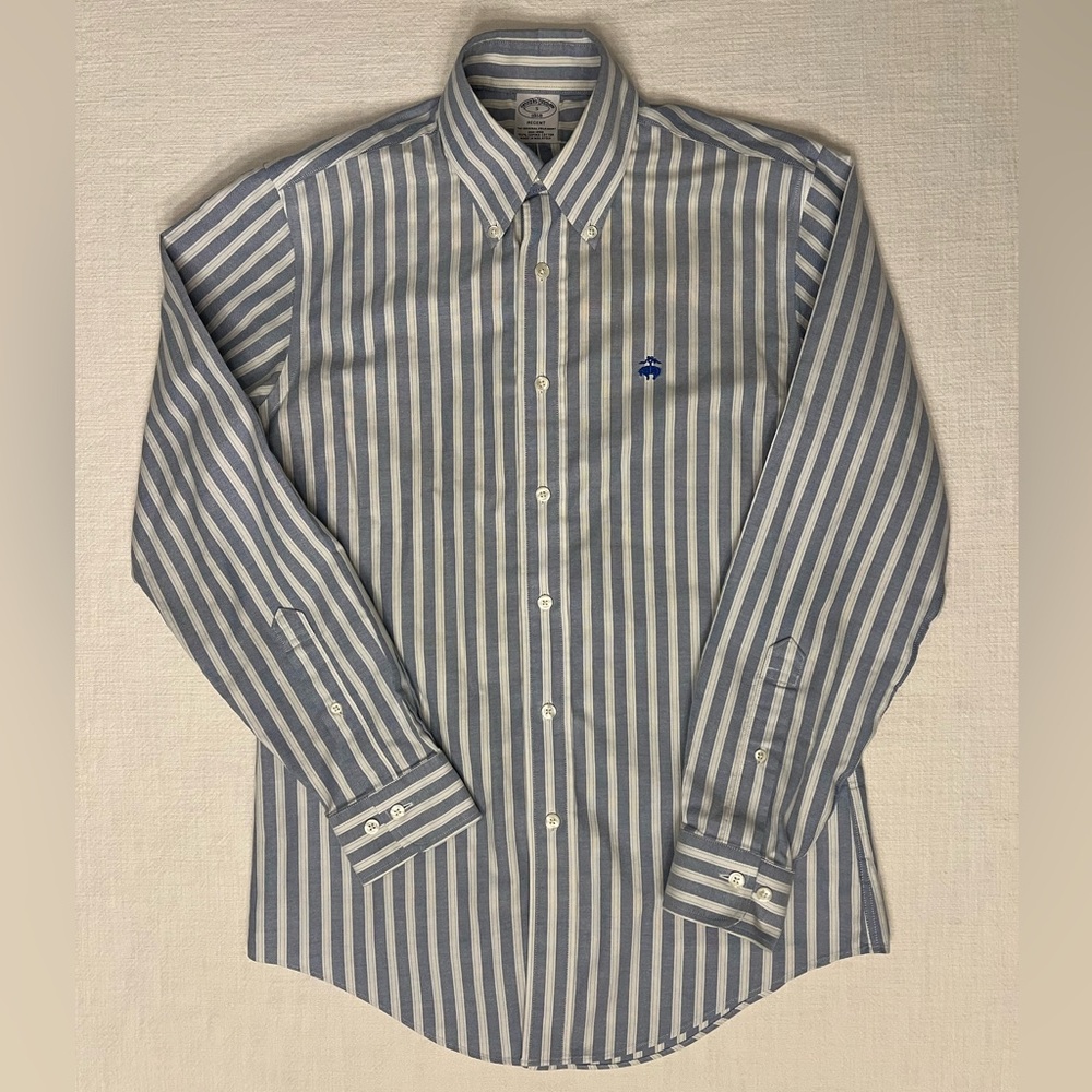 NON-IRON 100% SUPIMA COTTON Brooks Brothers Blue light green White Striped Shirt